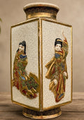 Antique Japanese Satsuma Moriage Square Vase Relief Figures Crackle Glaze
