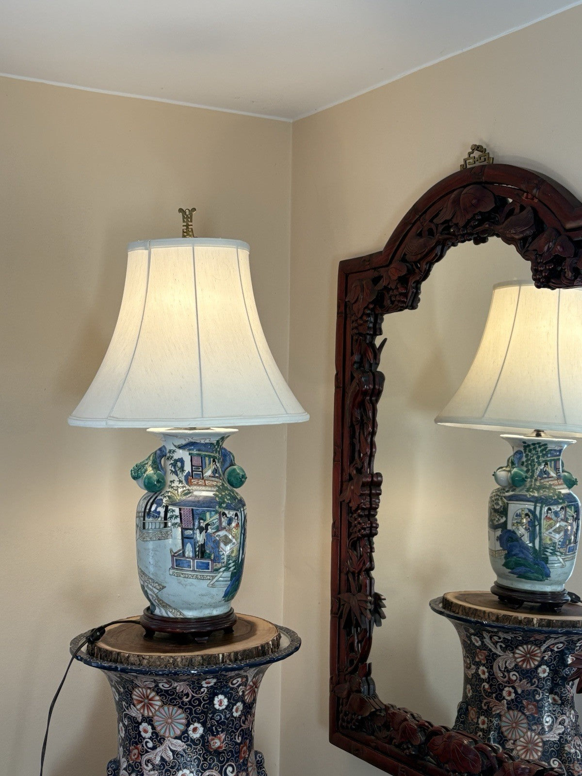 Antique Chinese Famille Rose Porcelain Figural Table Lamp w/ Relief Flowers 29”