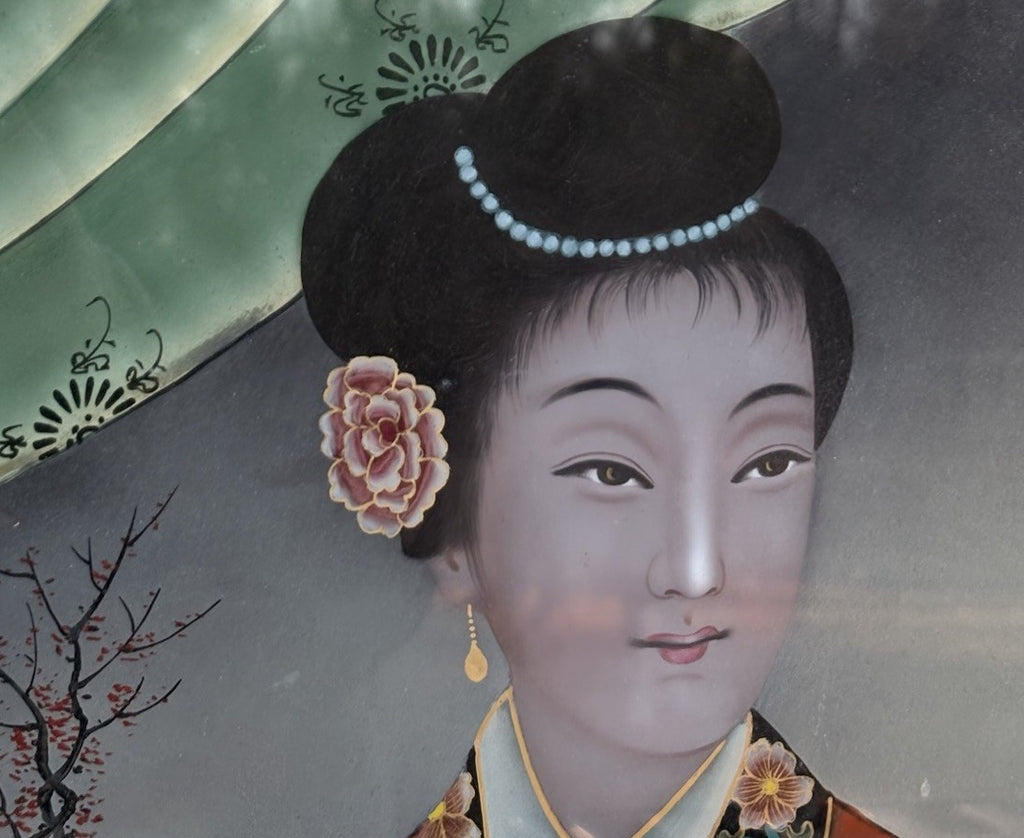Antique Chinese Reverse Glass Paintings Pair Court Ladies Qing Framed