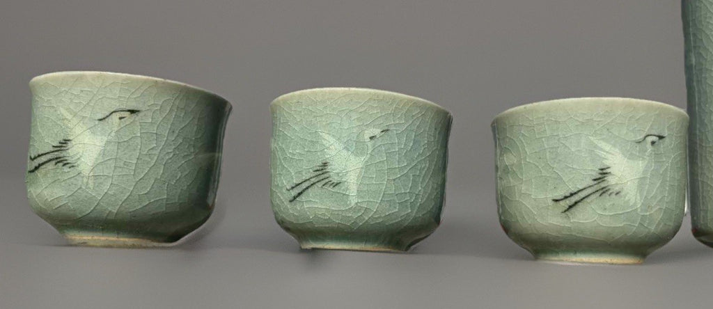 Vintage Korean Celadon Crackle Glaze Sake / Tea Set–Crane Motif –Signed 5 Pieces