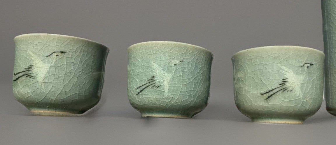 Vintage Korean Celadon Crackle Glaze Sake / Tea Set–Crane Motif –Signed 5 Pieces