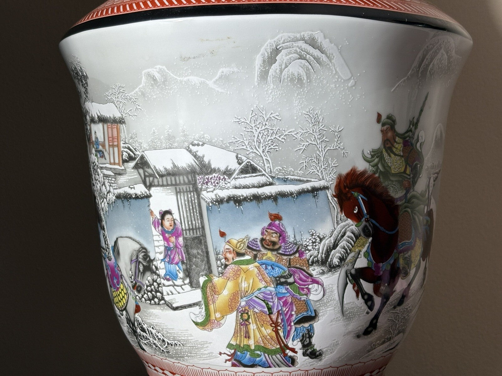 24” Tall Chinese enamel Mountain Landscape Warrior On House pattern vase