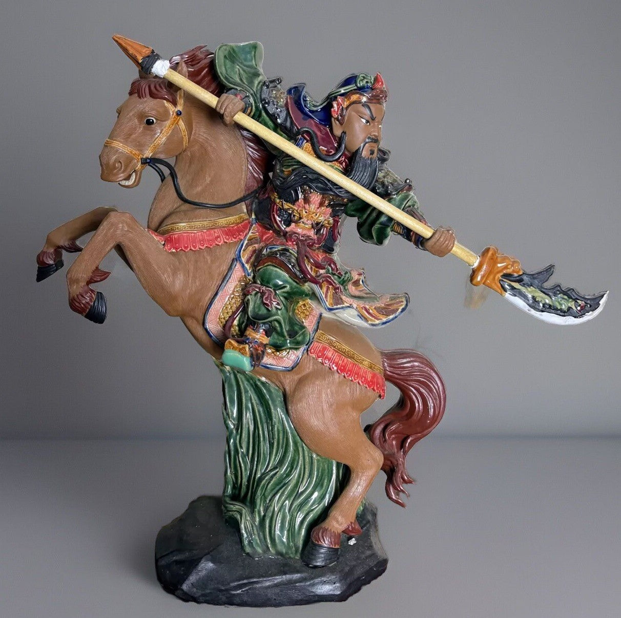 Antique Porcelain Painting Guan Gong Yu Warrior God Ride Horse Knife Statue  22”