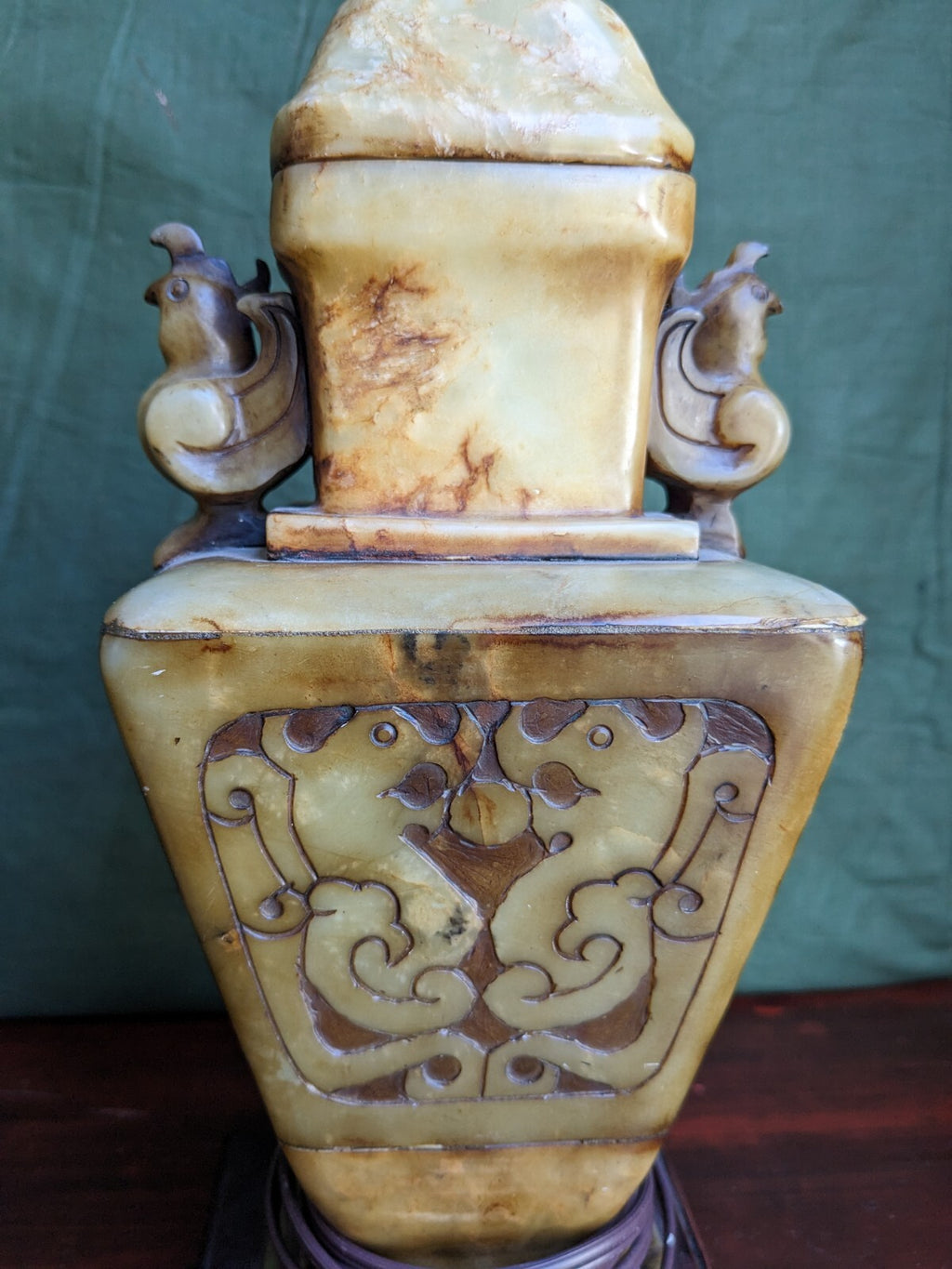 Pair of Chinese Carved Alabaster Lamps With Birds and Dragons