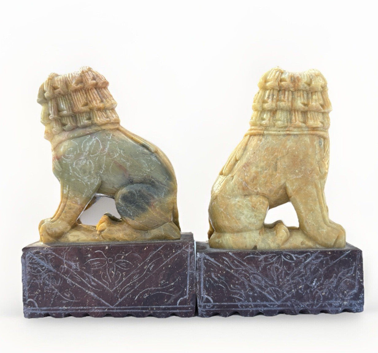 Vintage STONE FOO DOGS: Pair of Carved Stone Foo Dog.