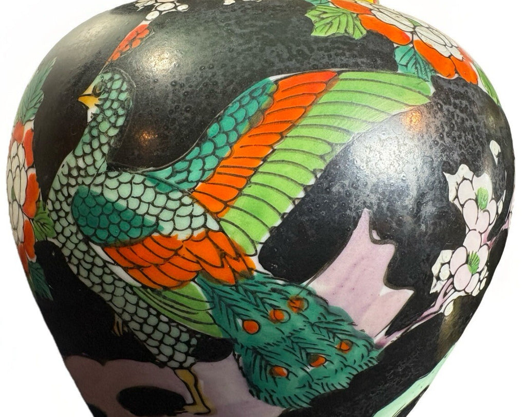 Pair Vintage Japanese Hand Painted Porcelain Peacock Famille Ginger Jar 5.5”