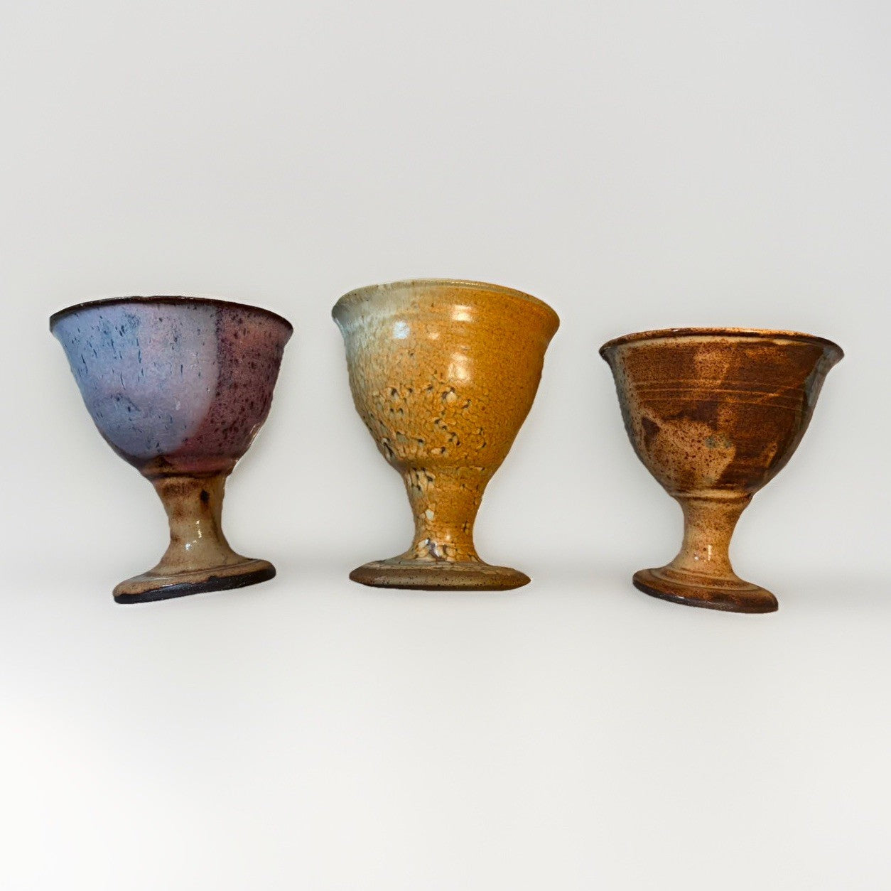 Signed Edwards Studio Pottery Goblet Set Of 3 Volcanic Glaze Artisan Cups