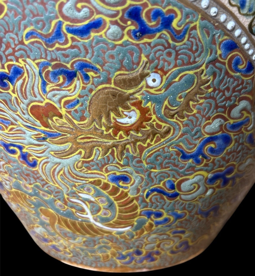 Large 1800s Satsuma Kinkozan Vase – Gilt Dragons, Phoenix, Roses, Heavy Enamel