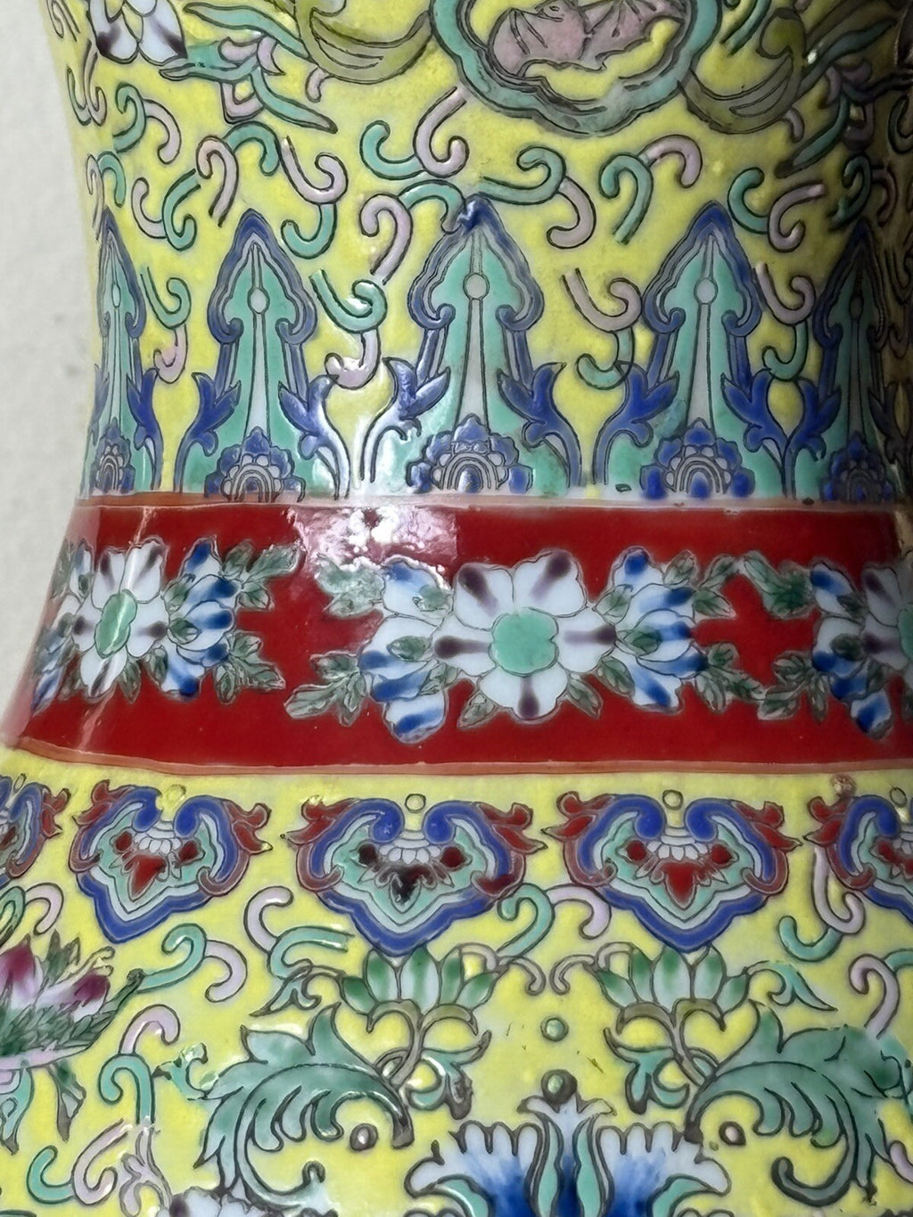 Antique Chinese Famille Rose Yellow Ground Vase w/ Gilt Phoenix Handles 15”