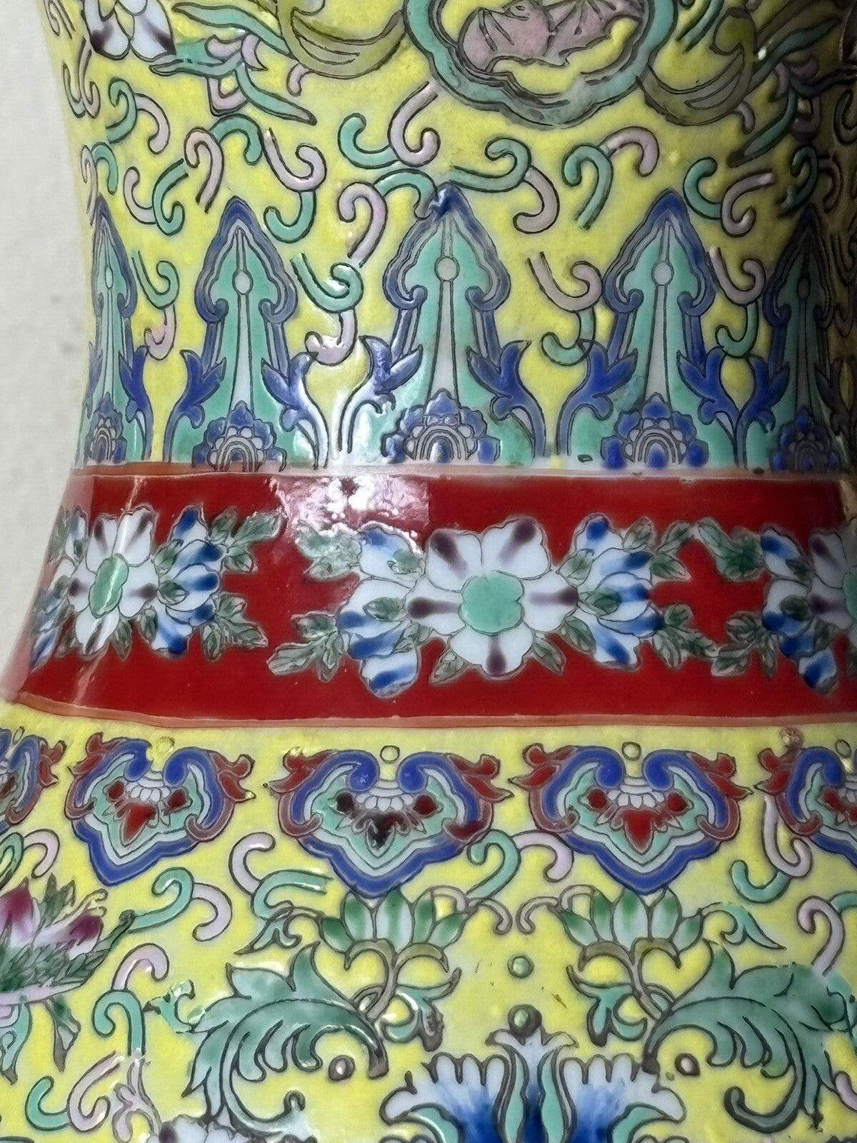 Antique Chinese Famille Rose Yellow Ground Vase w/ Gilt Phoenix Handles 15”