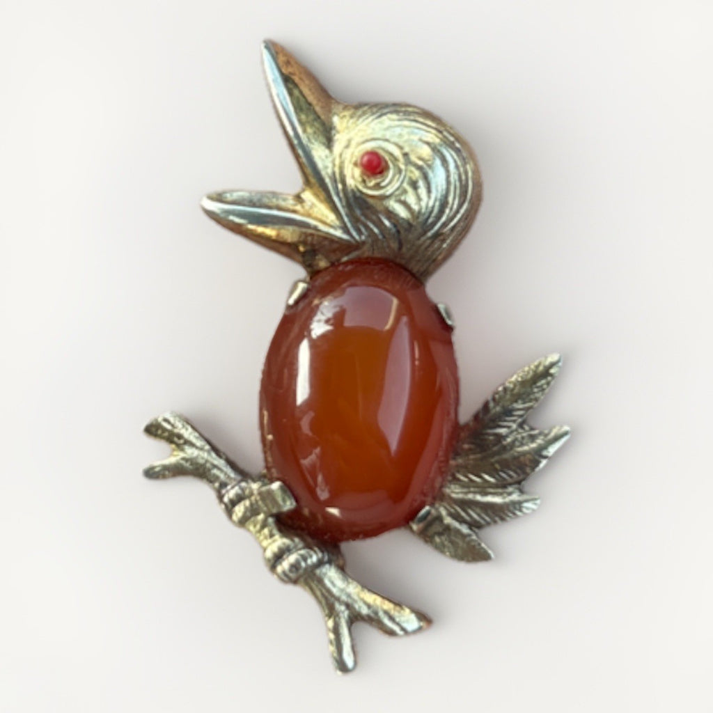 Vintage AC Sterling Bird Brooch Carnelian Cabochon Gemstone Pin