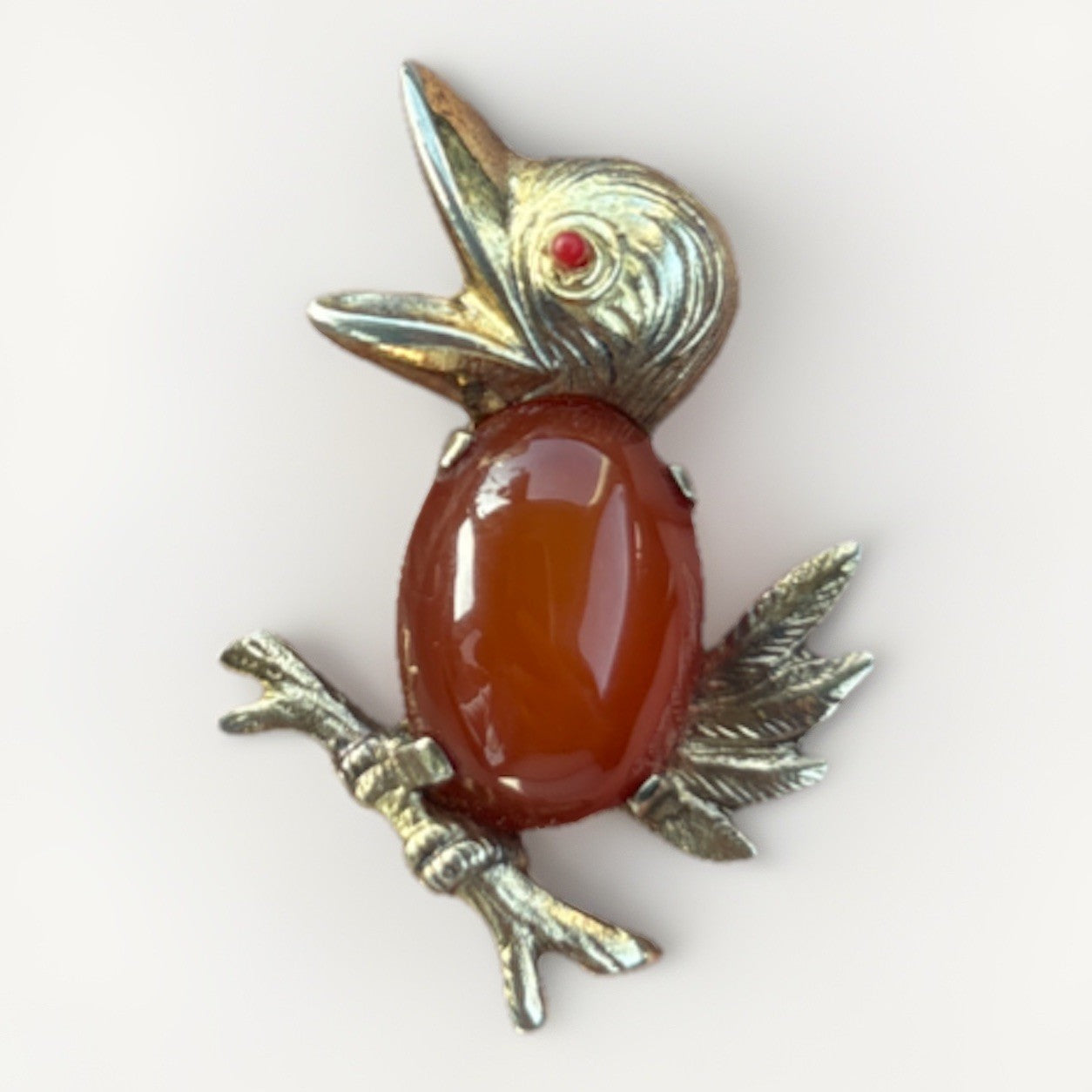 Vintage AC Sterling Bird Brooch Carnelian Cabochon Gemstone Pin