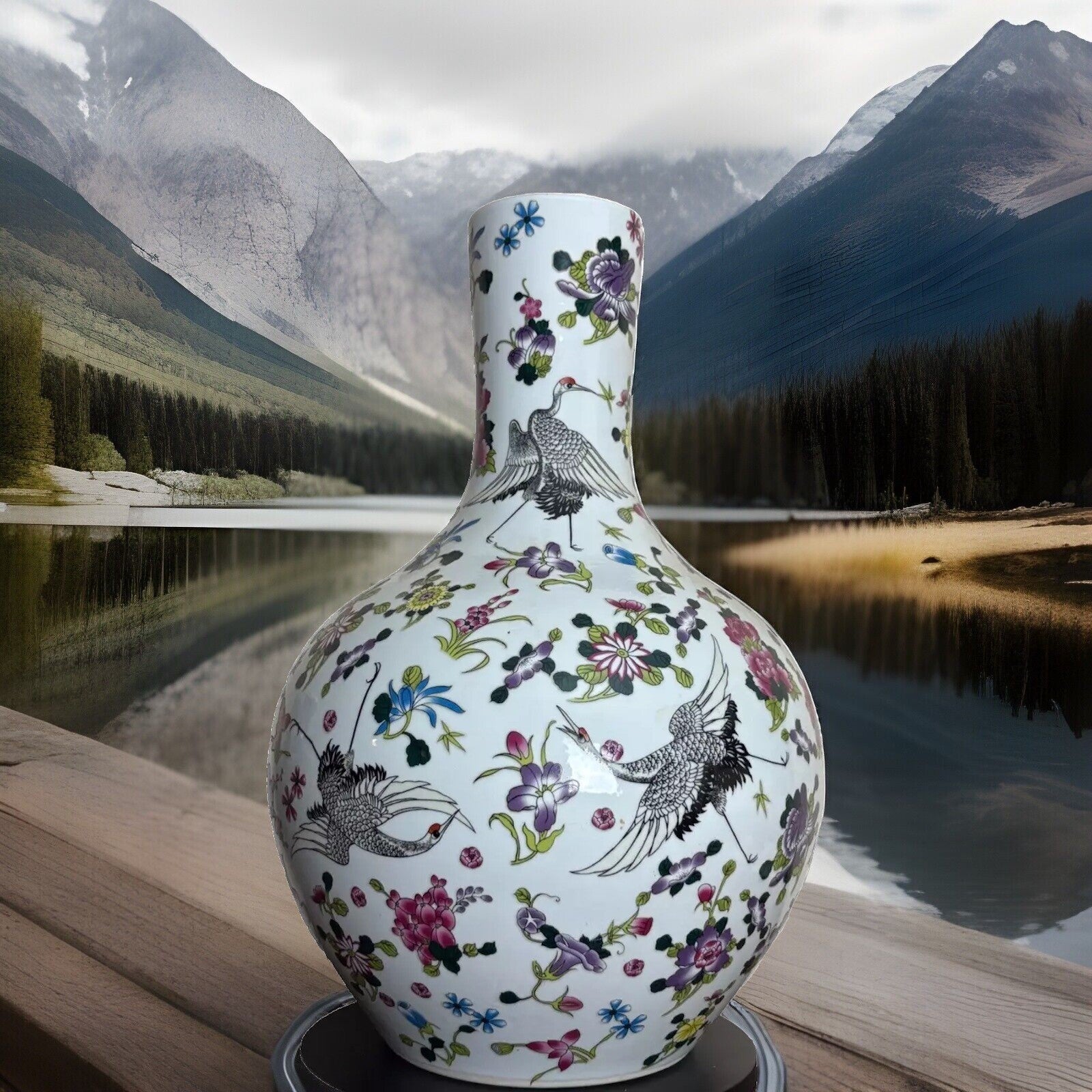 21” Chinese Floral and Cranes Vase