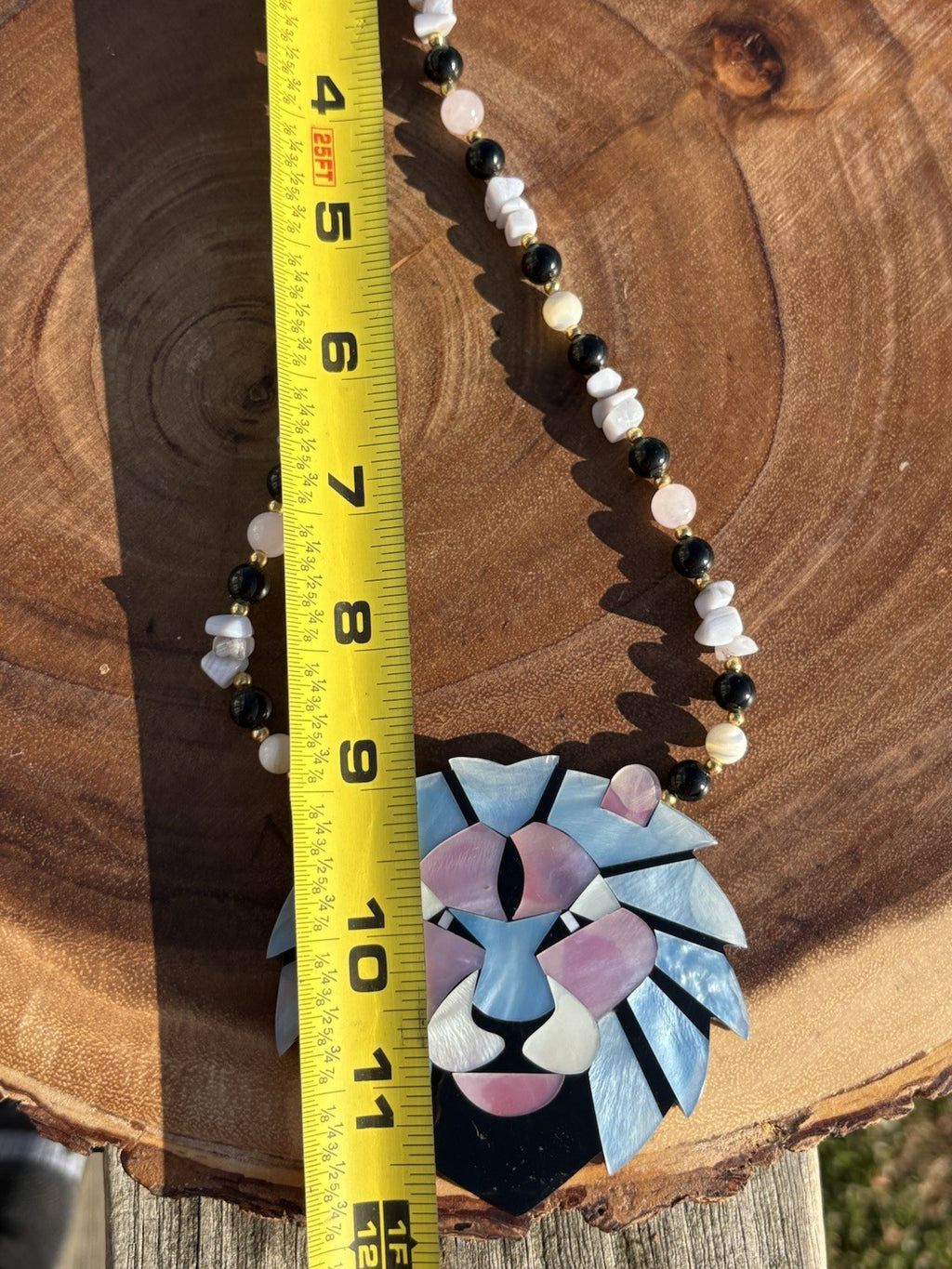 Statement Lion Inlay Shell Pendant Necklace Black Onyx Rose Quartz Beads 18”