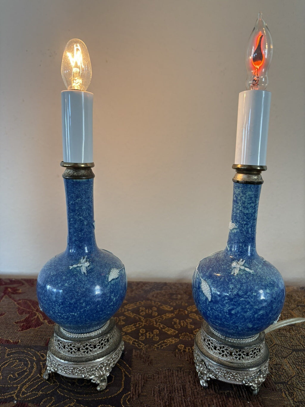 Pair Estate Blue Porcelain Relief Lamps on Ornate Silver Bases Chinoiserie Decor