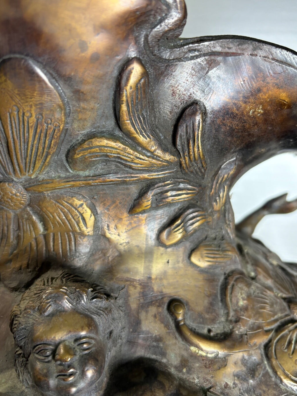 Antique Bronze Art Nouveau Figural Vase Putti Cherubs Floral Relief 20” Tall