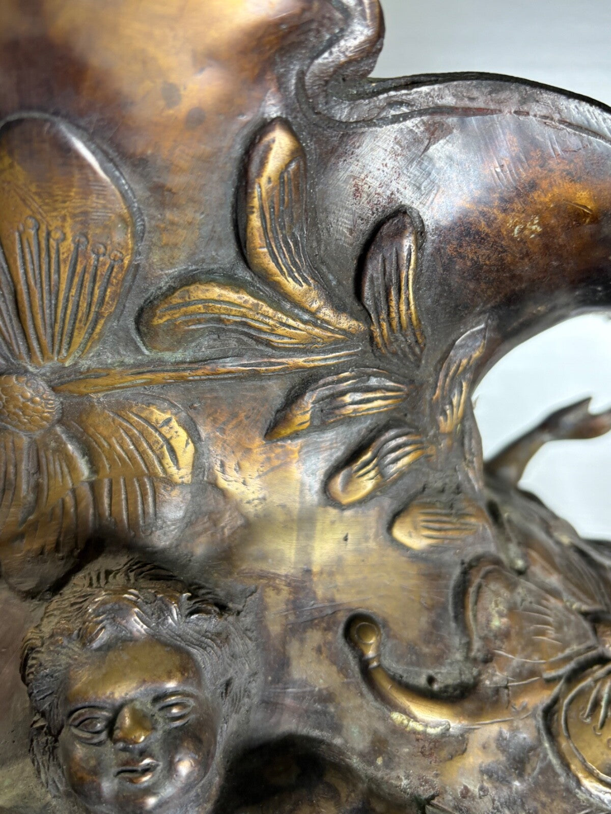 Antique Bronze Art Nouveau Figural Vase Putti Cherubs Floral Relief 20” Tall