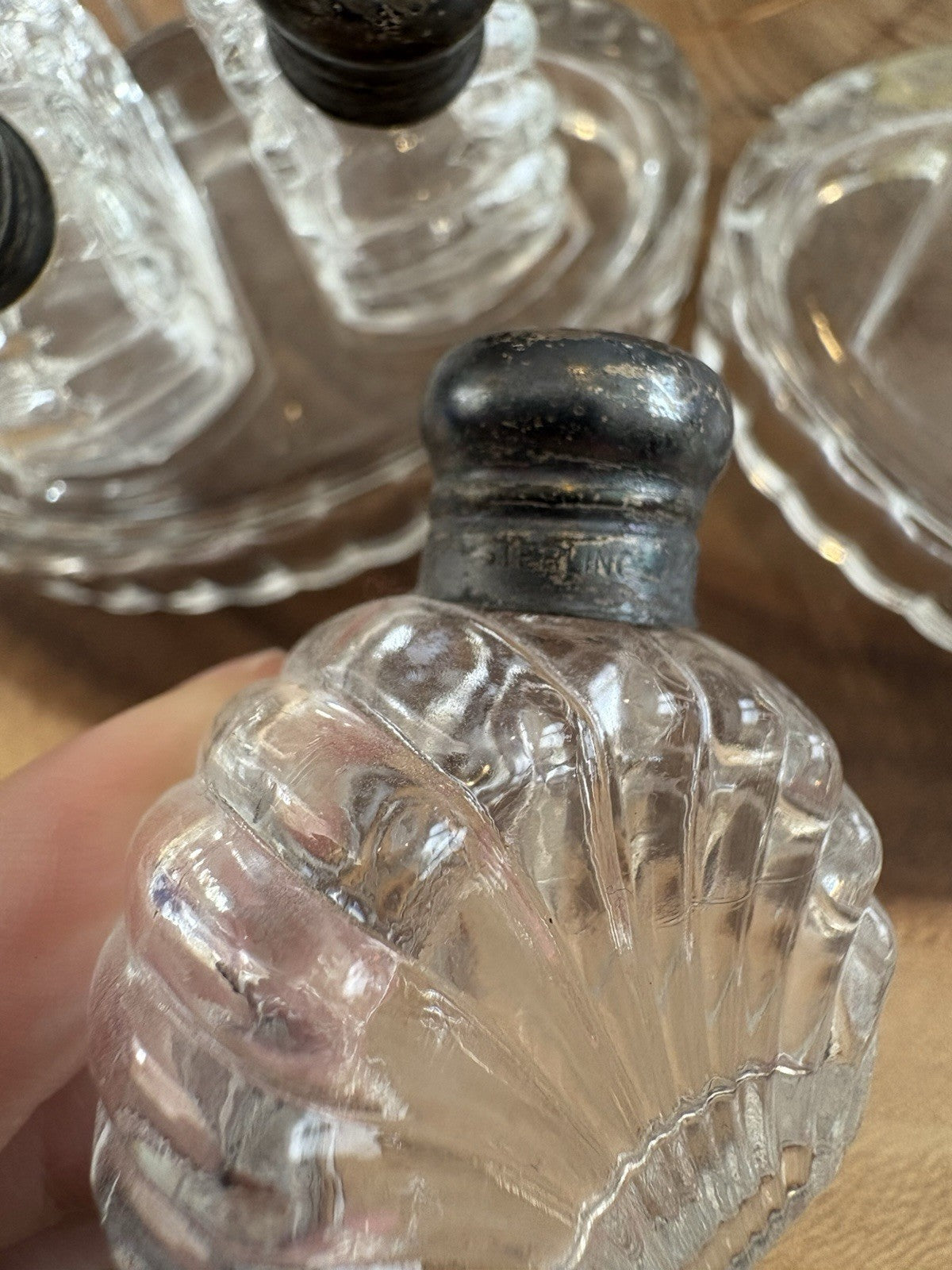 (Art Deco) Vintage Pressed Glass Salt & Pepper Sets w/ Sterling Silver Tops Pair