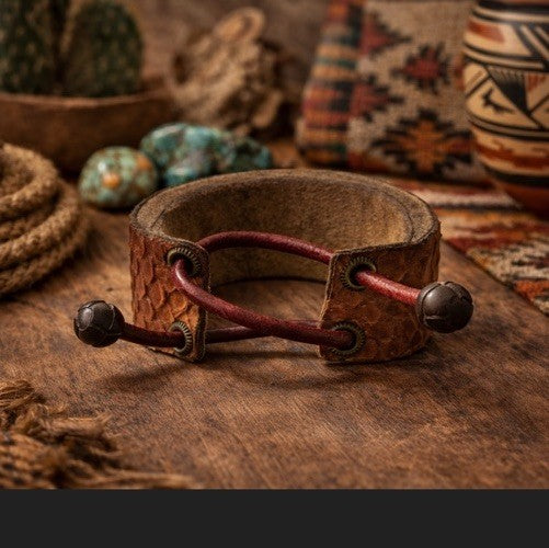 Vintage Python Leather Wide Cuff Bracelet Artisan Boho Santa Fe Style