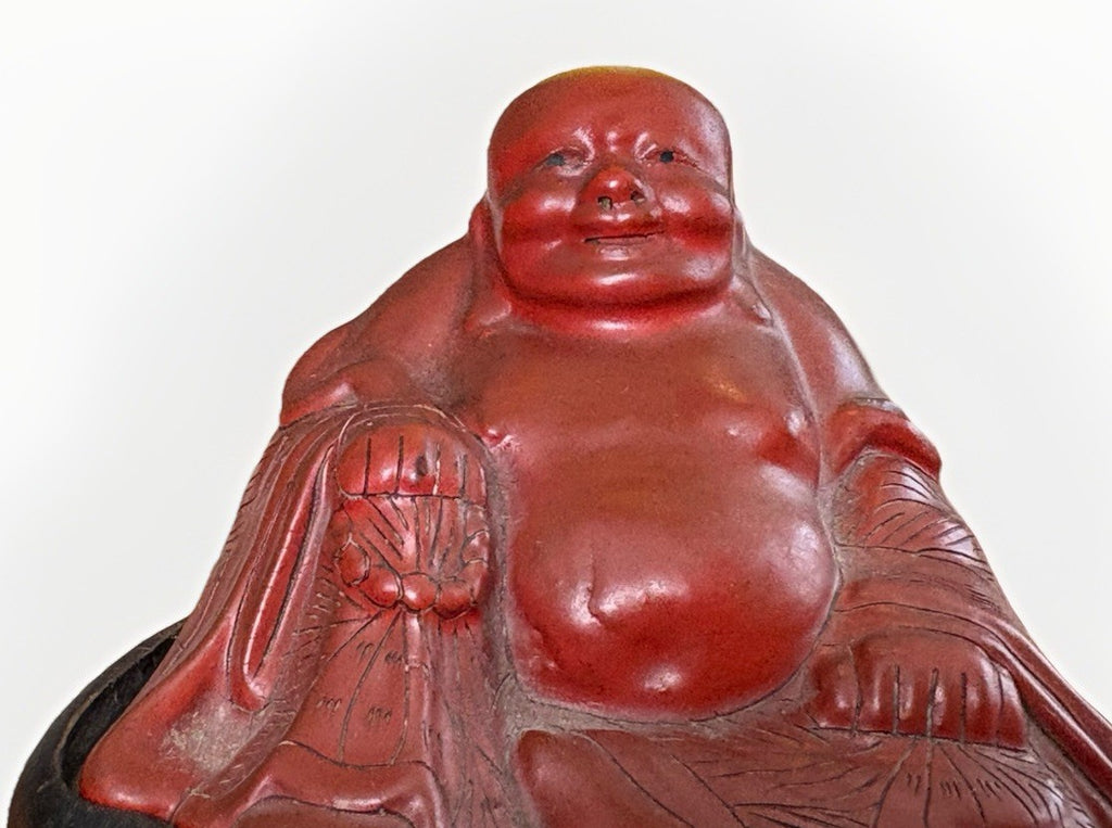 Vintage Red Laughing Buddha Figurine on Black Base – Asian
