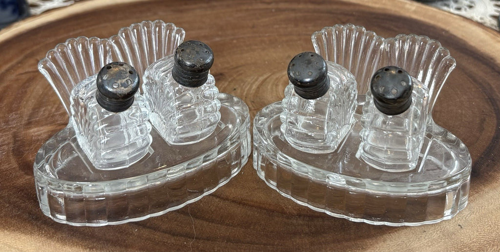 (Art Deco) Vintage Pressed Glass Salt & Pepper Sets w/ Sterling Silver Tops Pair