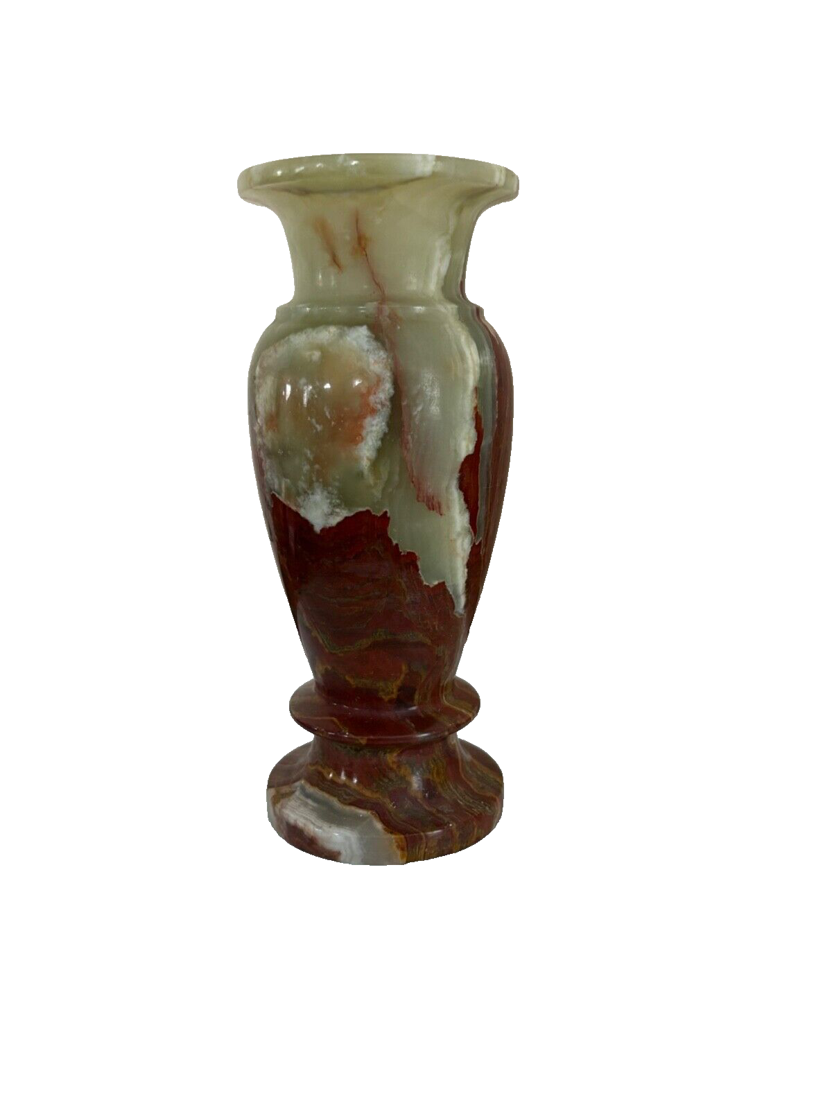 Vintage Green Onyx Stone Vase 9” Shades of Brown Cream & Green