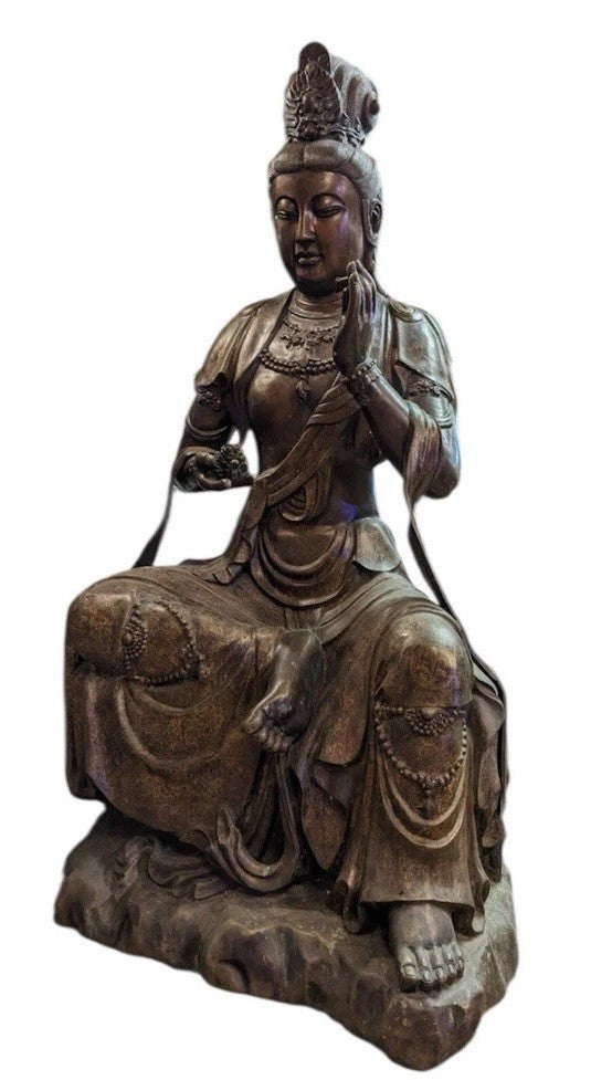 Monumental 5ft Chinese Bronze Guanyin Statue, Ming Xuande Mark, Gilded Robes 19c