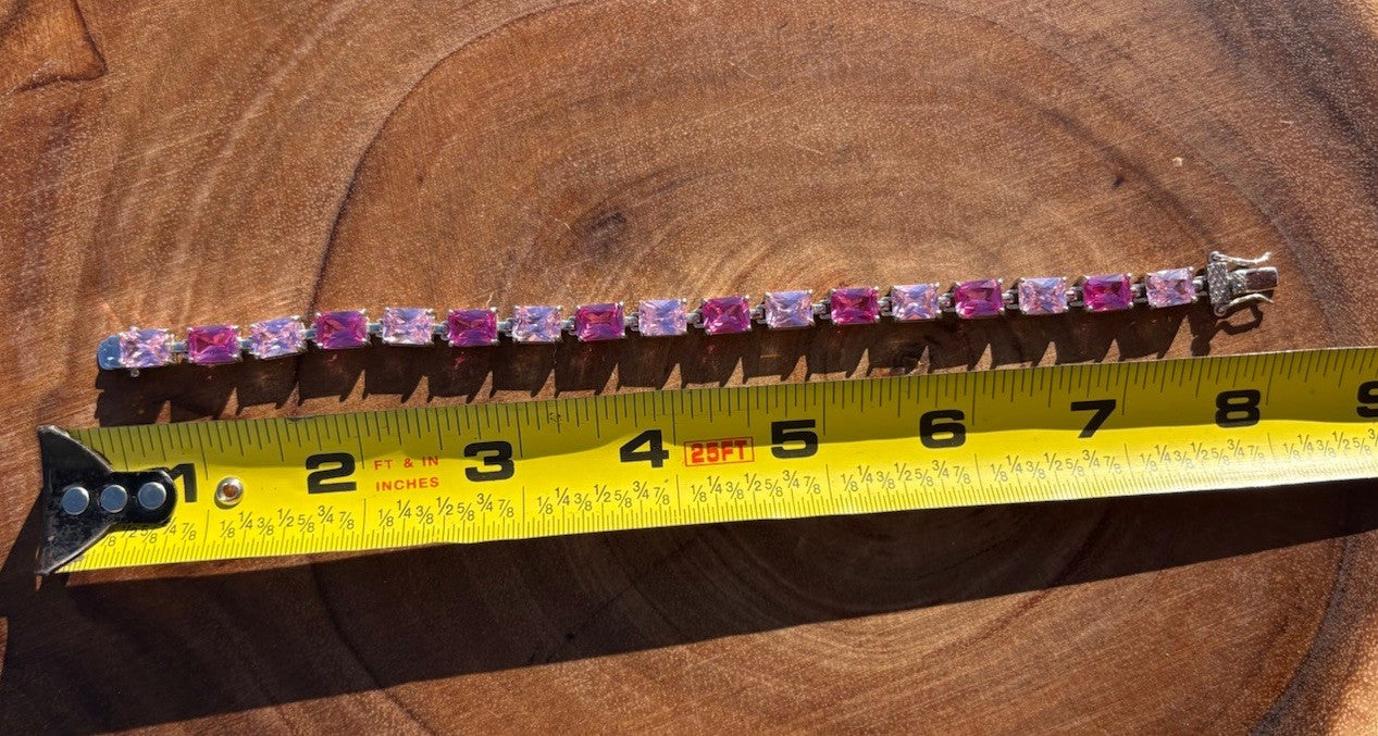 Pink 2 Tone Gemstone Tennis Bracelet 925 Sterling Silver 7.5” Box Clasp Vintage