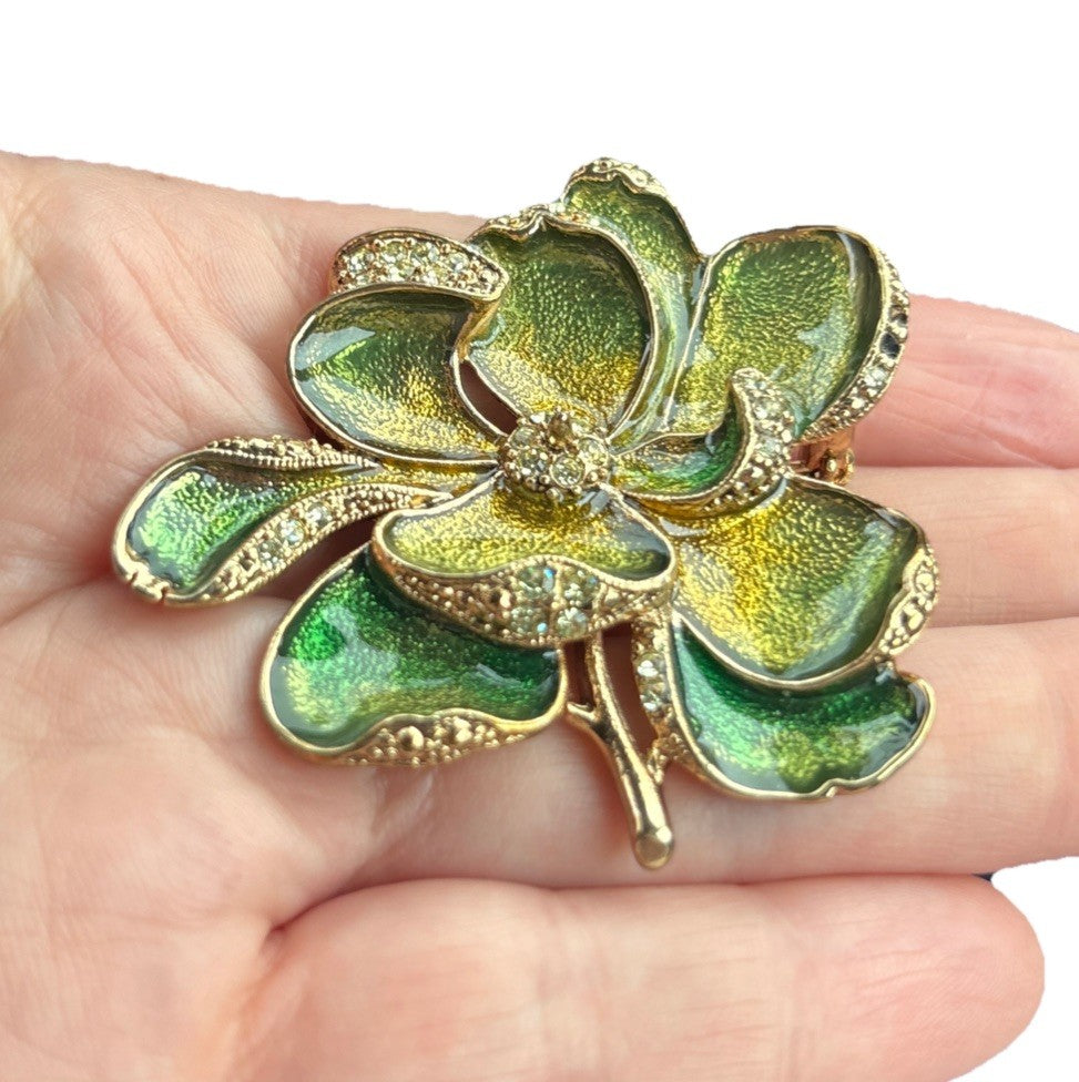 Vintage Signed MONET Green Enamel Flower Brooch Rhinestones Pin
