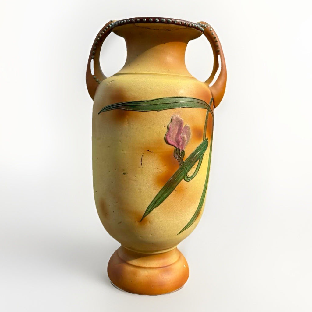 Art Nouveau Iris Vase Double Handle Relief 13” Antique Japanese