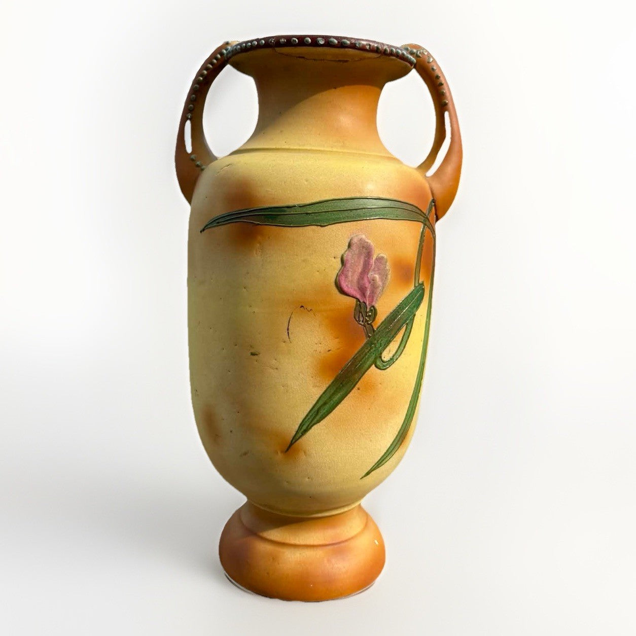 Art Nouveau Iris Vase Double Handle Relief 13” Antique Japanese