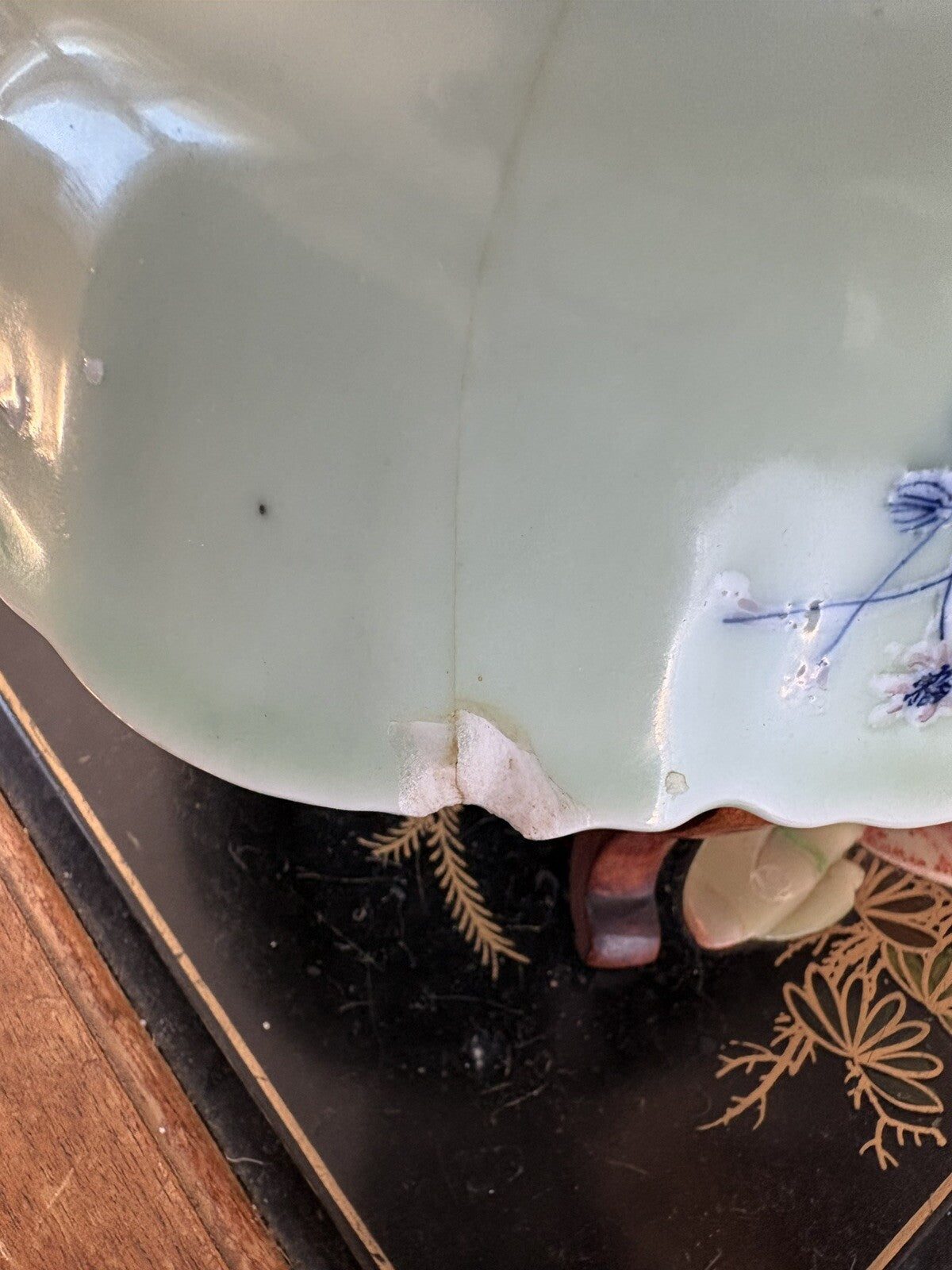 Antique Chinese Celadon Porcelain Bowl Qing Dynasty Blue White Enamel 1720/1760