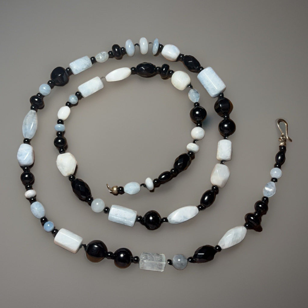 Vintage 34” Sterling Silver Beaded Necklace Aquamarine-Toned Stones & Black Onyx
