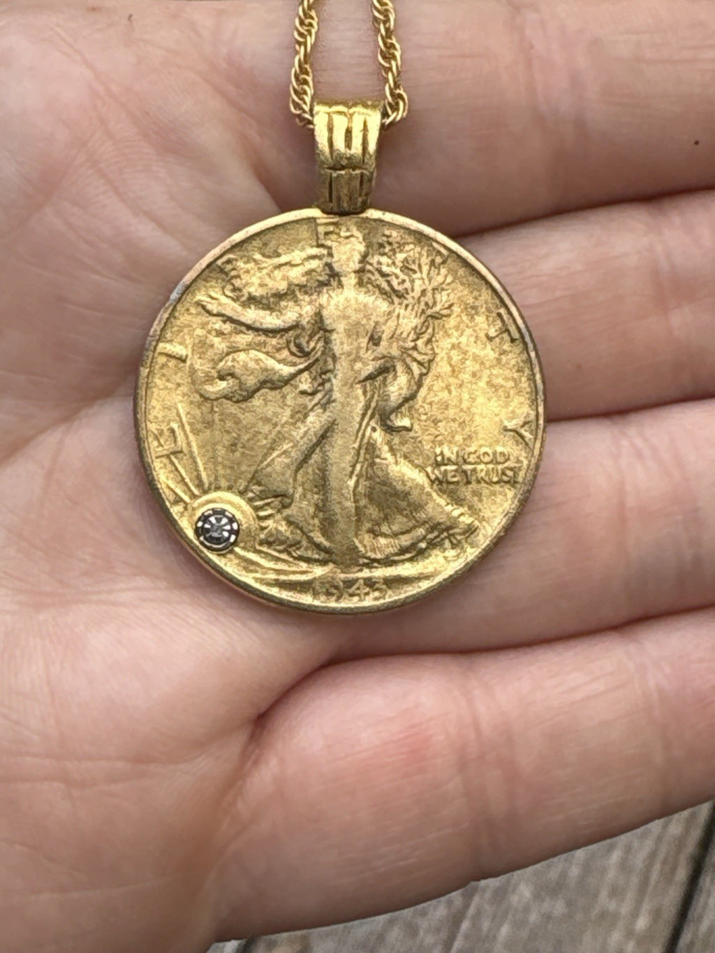 Walking Liberty Half Dollar Gold Layered Coin Pendant Diamond Chip Necklace 24”