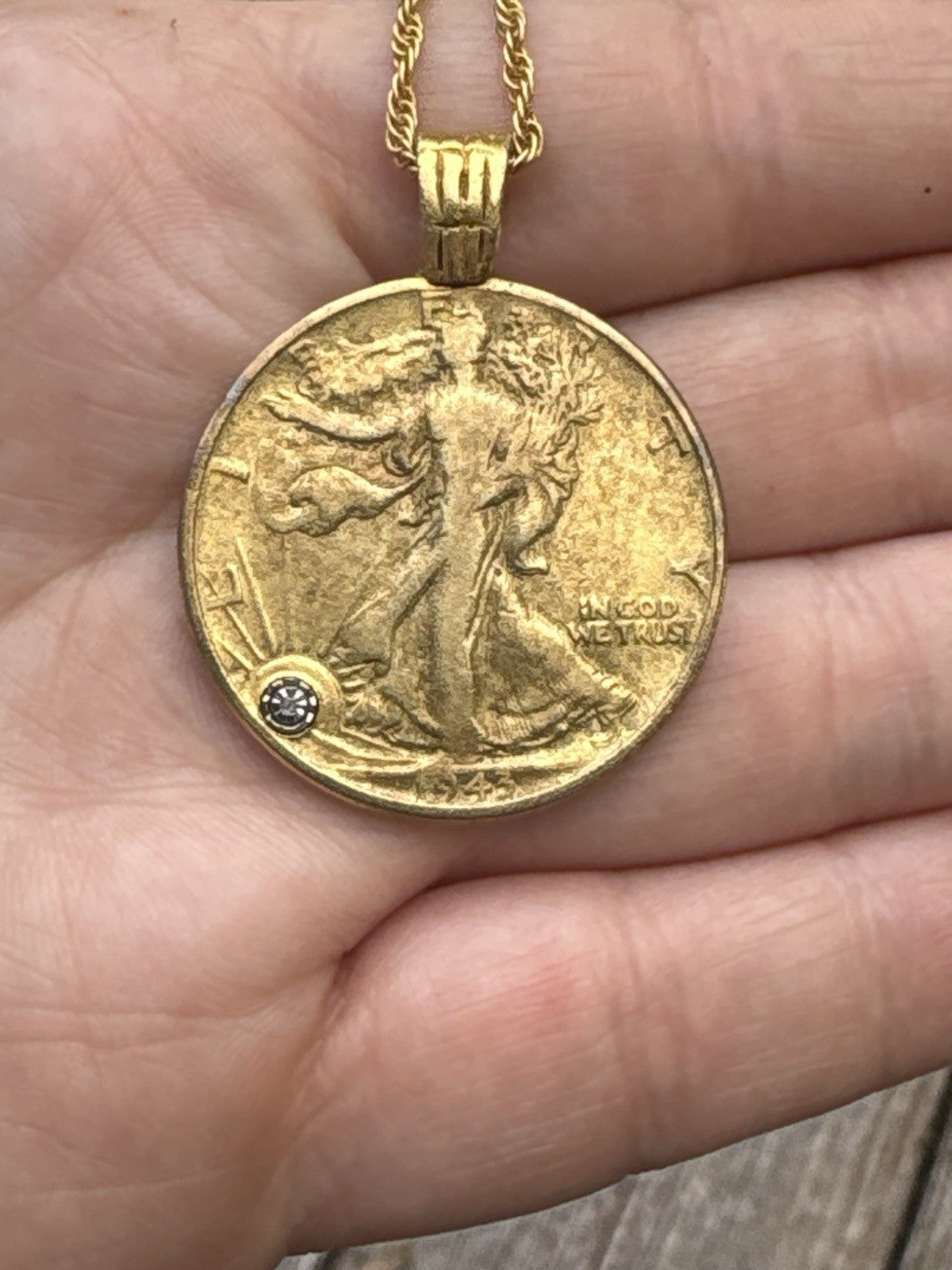 Walking Liberty Half Dollar Gold Layered Coin Pendant Diamond Chip Necklace 24”
