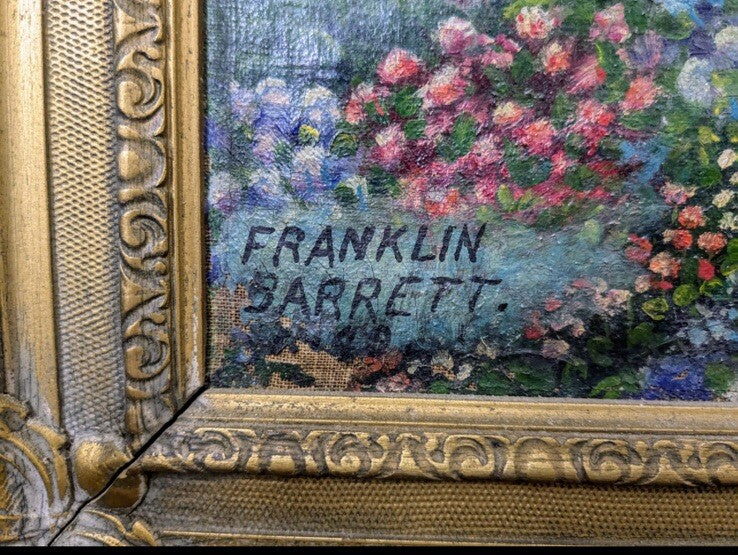 Franklin Barrett 1929 Original Oil Painting Garden Scene 42x30 Gilt Frame