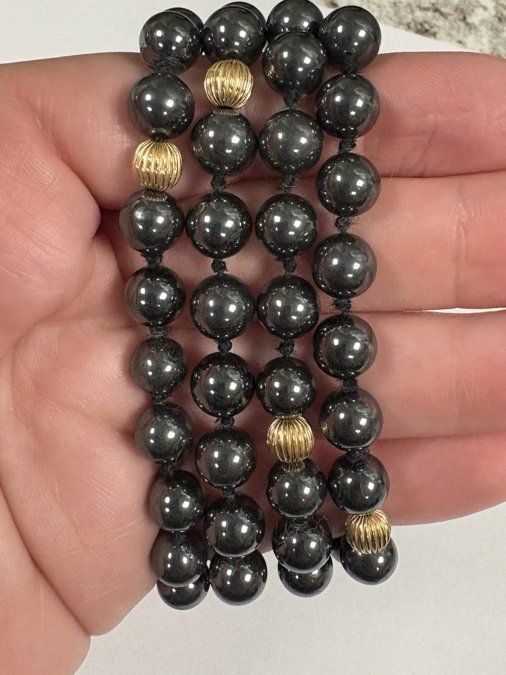 VTG Hematite Necklace & Earrings Set Solid 14K Gold Beads Posts 32”