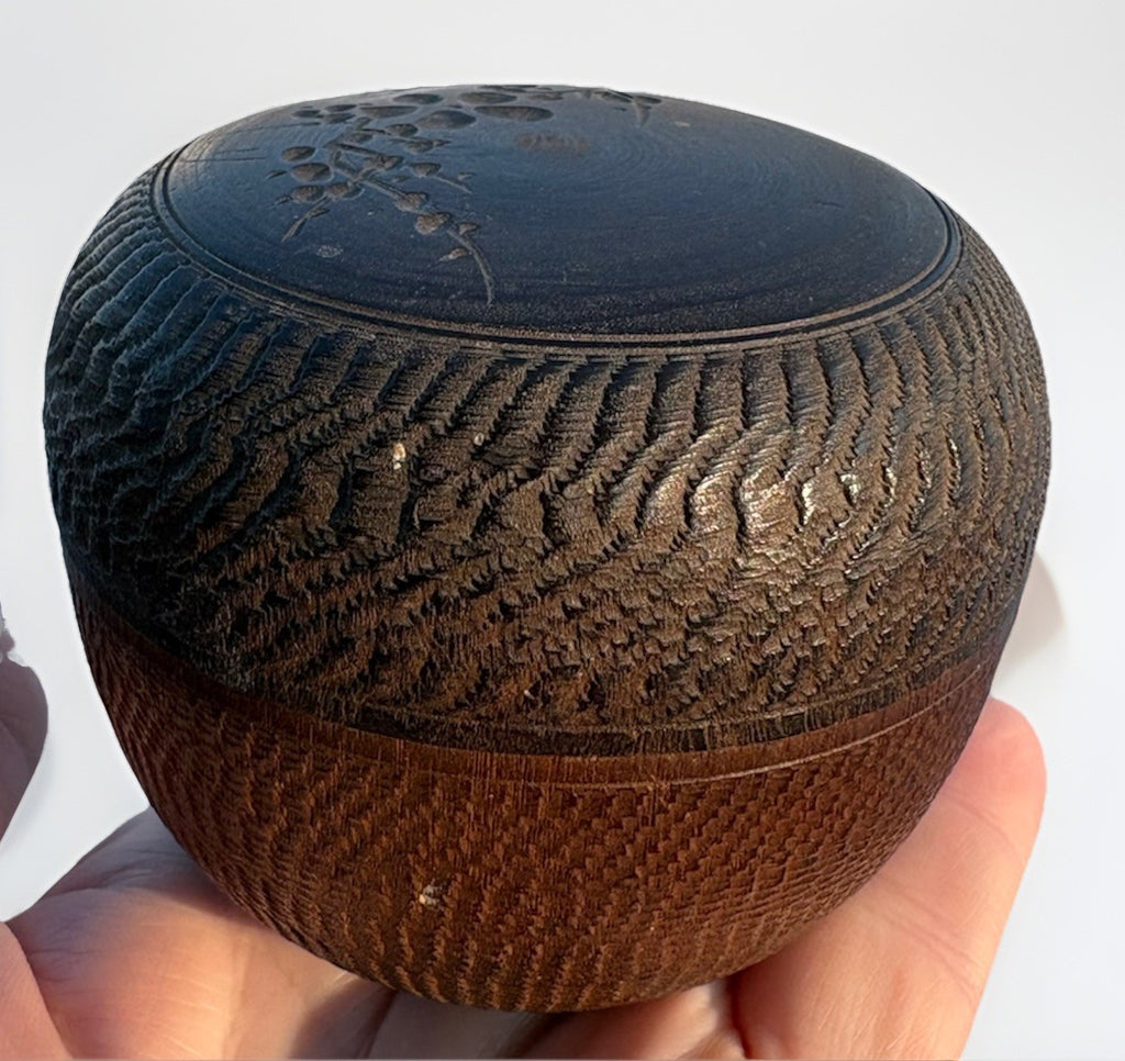 Vintage Hand-Carved Japanese Wooden Trinket Box | Floral Lid