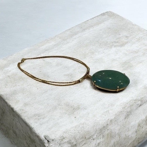 Large Green Aventurine Pendant Necklace on Braided Gold-Tone Chain-Boho