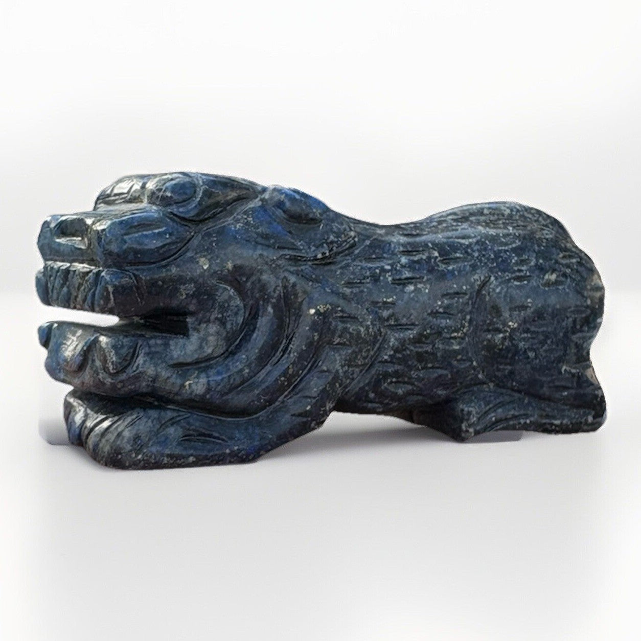 Set of Two Lapis Blue Hand Carved Foo Dogs Sculptures Vintage