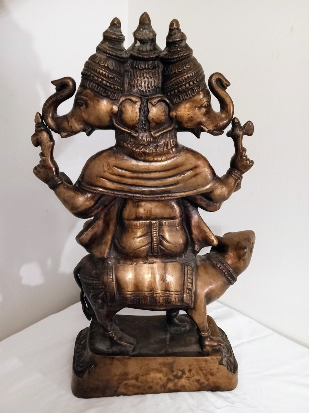 Antique Bronze 22” Three-Headed Ganesha Hindu Statue – Vighnaharta Riding Mouse