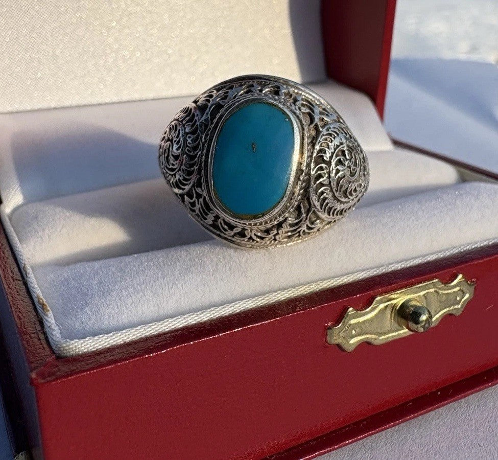 Bold Sterling Silver Turquoise Filigree Statement Ring Vintage Artisan Size 9