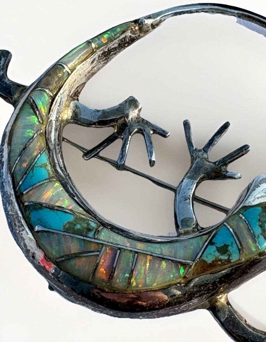 Sterling Silver Zuni Style Turquoise & Opal Inlay Lizard Brooch