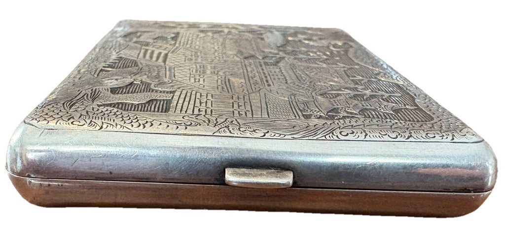 Antique Japanese TOKYO SOLID SILVER Case Dragon & Pagoda Scene 1900 Hand Engrave