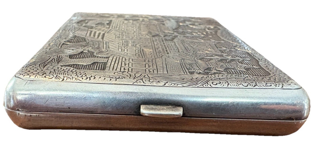 Antique Japanese TOKYO SOLID SILVER Case Dragon & Pagoda Scene 1900 Hand Engrave