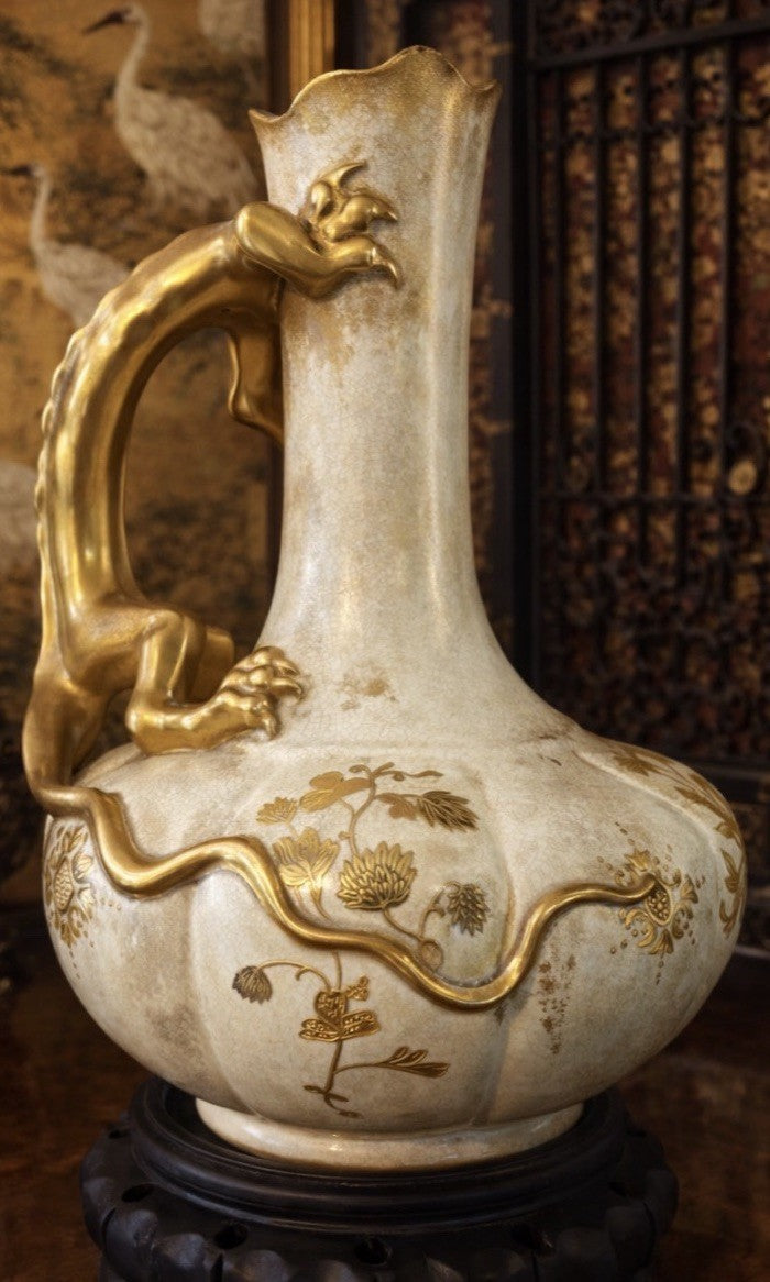 Antique Japanese Dragon Handle Porcelain Vase Gilt Art Nouveau c1900