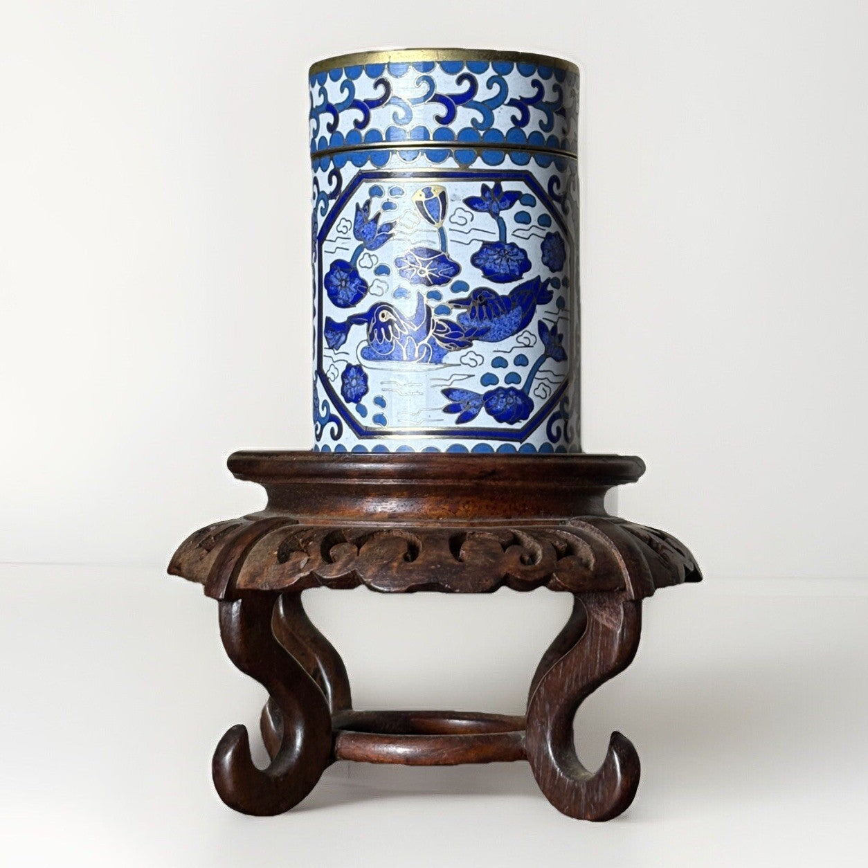 Antique Cloisonne Blue & White Birds &Flower Copper Tea Jar 4”
