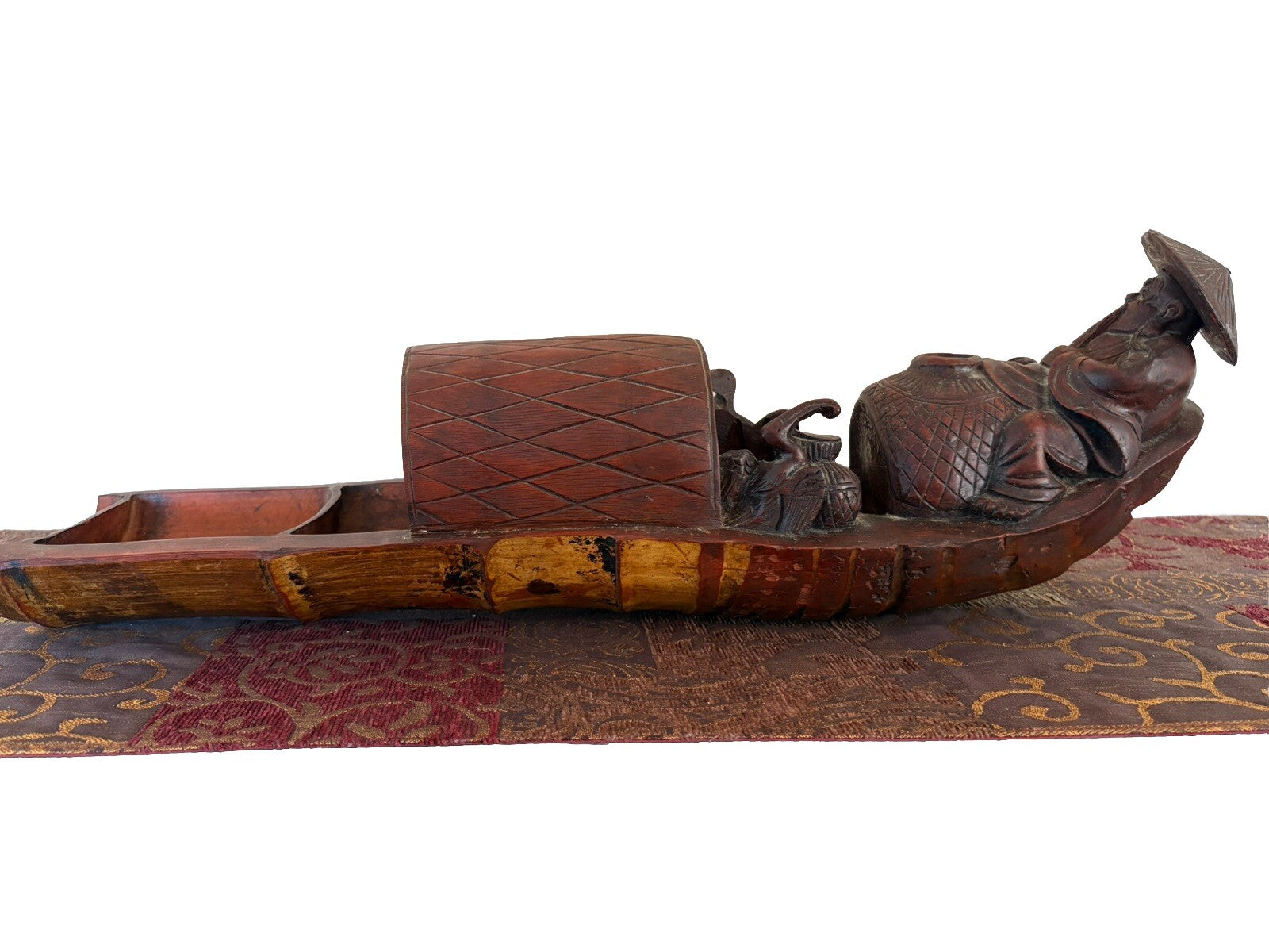 Large Antique Chinese Bamboo Carved Asian Man On Boat Incense Burner
