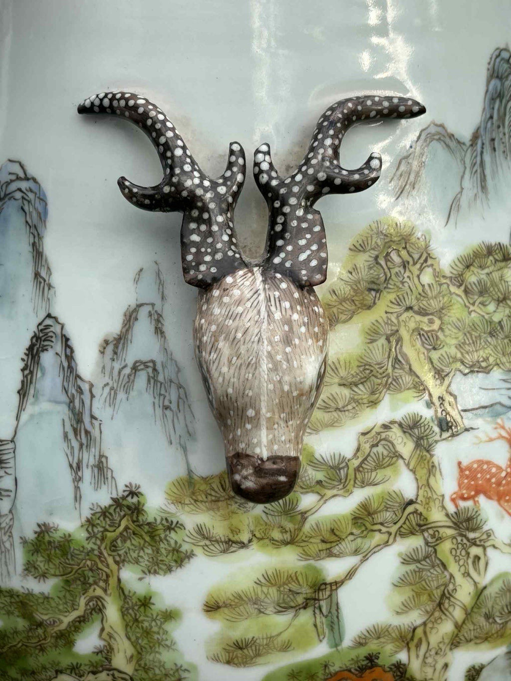 Antique Chinese Famille Rose Deer & Pine Vase Qianlong Mark Late Qing 18”