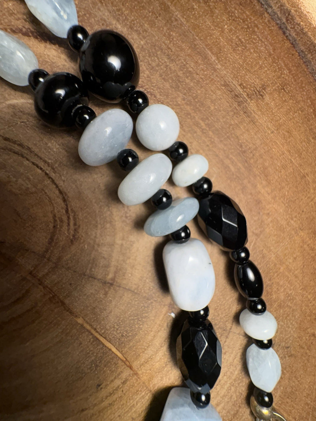 Vintage 34” Sterling Silver Beaded Necklace Aquamarine-Toned Stones & Black Onyx